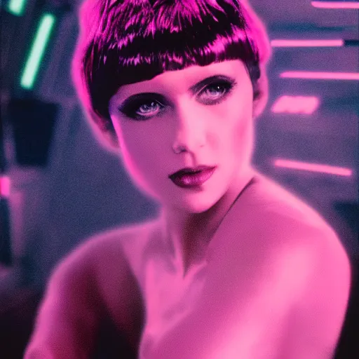 Prompt: studio portrait of pink hologram joi from blade runner