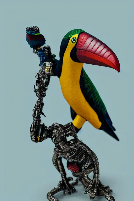 Image similar to a macro photo of a cyborg toucan miniature figurine, dynamic pose, chrome parts, intricate details, intricately detailed textures, warm lighting, vivid colors, realistic octane render, hyper realistic render, volumetric shading, depth of field, raytracing, 8 k,