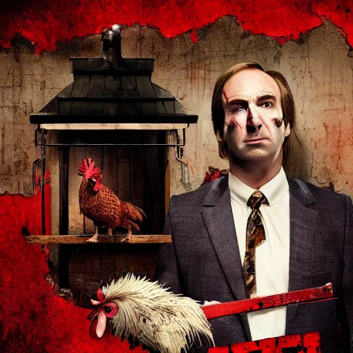 Image similar to saul goodman and a rooster in a saw movie torture chamber, saw movie jigsaw background, saul goodman, rooster, photo