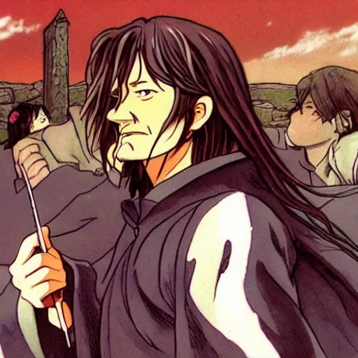 Prompt: boromir in an 80\'s anime world, serious, close up, incredibly detailed, ultra realistic, Satoshi Kon