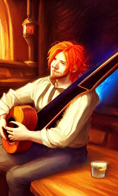 Prompt: a bard playing his lute in a pub, d & d, orange hair, portrait, sharp focus, fantasy, digital art, concept art, dynamic lighting, epic composition, by emylie boivin, rossdraws