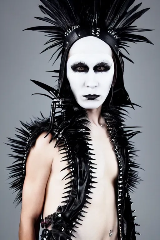 Prompt: a indigenous inuit genderqueer person in a black leather outfit with spikes on their head, a high fashion character portrait by christen dalsgaard, featured on behance, gothic art, androgynous, genderless, gothic