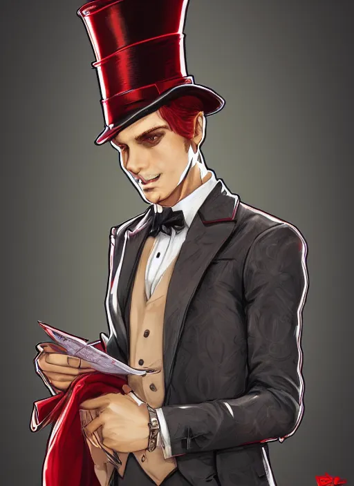 Prompt: a highly detailed illustration of stylish top hat wearing red haired attractive man, wearing suit vest, flashy card trick pose, intricate, elegant, highly detailed, centered, digital painting, artstation, concept art, smooth, sharp focus, league of legends concept art, WLOP