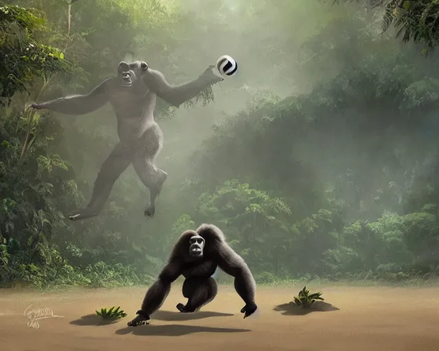 Image similar to a gorilla playing volleyball in a jungle, in the style of greg rutkowski