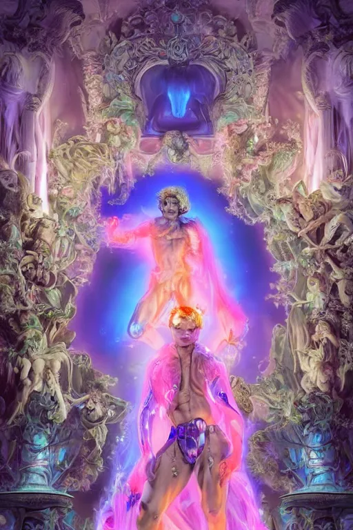 Image similar to full-body rococo and cyberpunk delicate neon crystalline sculpture of ((handsome muscular onyx albino prince Zayn Malik)) as an blue iridescent humanoid deity wearing ((peach plastic hooded cloak)) (holding a human skull) in a onyx castle dungeon, reclining, glowing pink face, crown of (pink lasers), large blue diamonds, swirling black silk fabric. futuristic elements. oozing glowing liquid, full-length view. space robots. intricate artwork by caravaggio. Trending on artstation, octane render, cinematic lighting from the right, hyper realism, octane render, 8k, depth of field, 3D