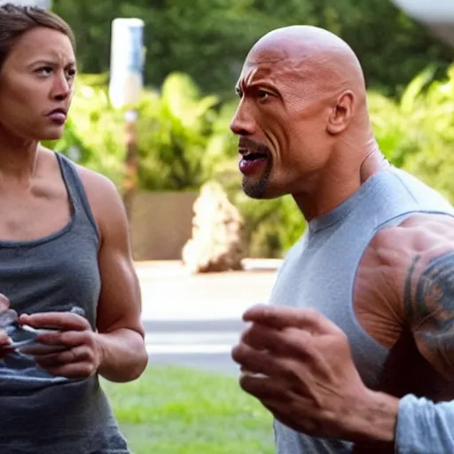 Image similar to dwayne johnson shocked at dropping his ice cream cone on the ground, wide shot