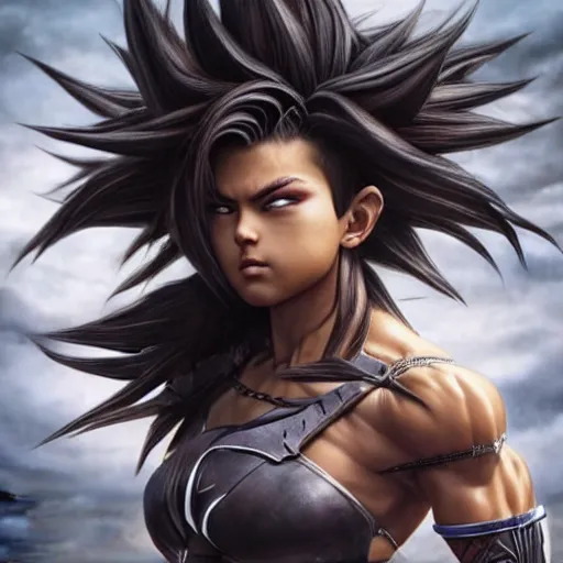 Image similar to warrior girl, muscular girl, wild spiky black saiyan hair, long spiky hair, electrified hair, insane hair, ultra realistic, intricate details, highly detailed, subsurface scattering, photorealistic, octane render, 8 k, art by artgerm, greg rutkowski, magali villeneuve, alphonse mucha