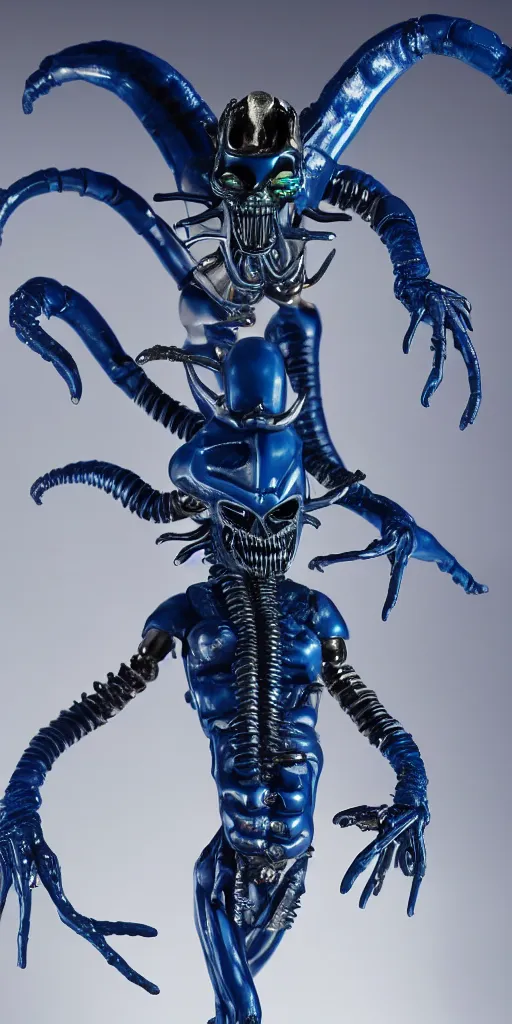 Prompt: blue demon with xenomorph intricated jewelry figure plastic jumping in a runway fashion show, realistic photography paparazzi by Nick Knight