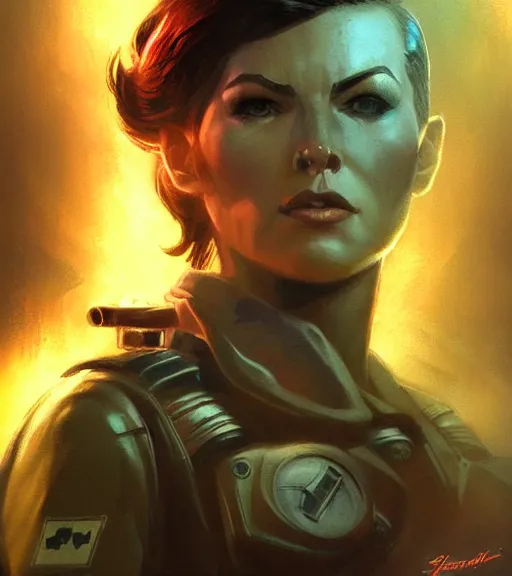 Image similar to fallout 5, concept art brunette female enclave officer portrait, concept art, comicstyle, atmospheric lighting, painted, intricate, volumetric lighting, beautiful, rich deep colors masterpiece, sharp focus, ultra detailed by jack kirby, ignacio fernandez rios, thierry doizon