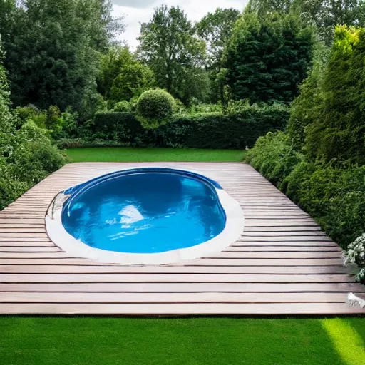 Prompt: high resolution photograph of an English garden with an outdoor in-ground pool with a blue porcelain tile surround. Raised patio made from wooden decking and children swimming in the pool-n 8