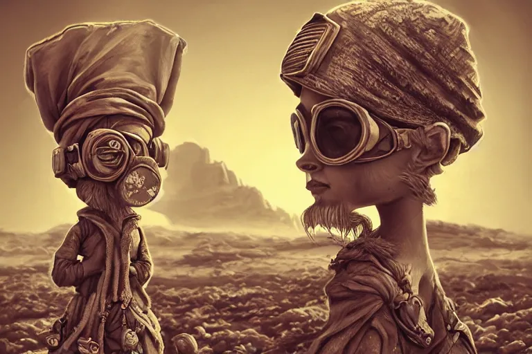 Image similar to a highly detailed forgotten garden gnome wearing goggles and head scarf surviving in a vast barren desert, hopeless wasteland background with a relentless raging sun overhead, post - apocalyptic road warrior vibe, dynamic pose, an ultrafine detailed painting by joe fenton, trending on deviantart, pop surrealism, whimsical, lowbrow, perfect symmetrical face, sharp focus, octane, masterpiece