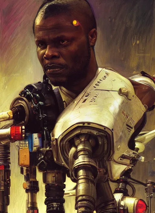 Image similar to Chidi Igwe. Strong Cyberpunk mechanic with robotic legs. (Cyberpunk 2077, bladerunner 2049). handsome face. Iranian orientalist portrait by john william waterhouse and Edwin Longsden Long and Theodore Ralli and Nasreddine Dinet, oil on canvas. Cinematic, vivid colors, hyper realism, realistic proportions, dramatic lighting, high detail 4k