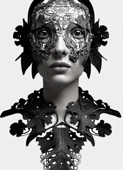 Prompt: monochrome 3 d model, biomechanical young female cyborg with porcelain profile face and a big floral eye, big leaves foliage and stems, hibiscus flowers, boho floral vines, sinuous fine roots, fine filigree foliage lace, alexander mcqueen, rim light, art nouveau fashion pearl embroidered collar, steampunk, redshift render, 8 k