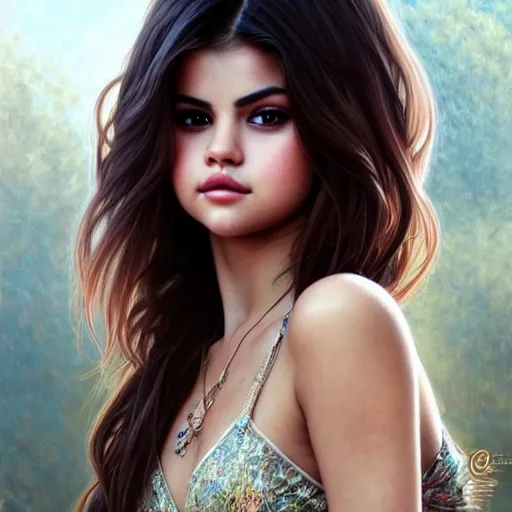 Image similar to beautiful portrait of selena gomez, natural beauty expressive pose, fantasy, intricate, elegant, highly detailed, digital painting, artstation, concept art, smooth, sharp focus, illustration, art by artgerm and greg rutkowski and alphonse mucha, cinematic soft lighting, fashion glamour photography