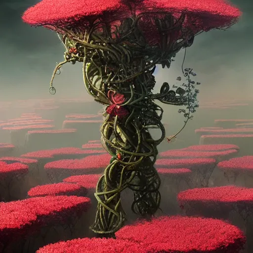 Image similar to intricate bio - organs intertwined with bio - robotic flowers, intricate environment, matte painting, cinematic, epic composition, highly detailed, atmospheric, wide angle, artstation trending