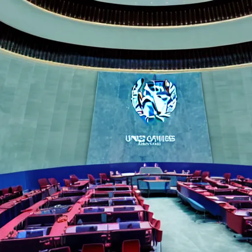 Image similar to united nations negotiating chamber, no people, 8 k photorealistic