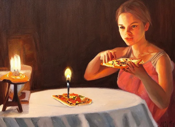 Image similar to a highly detailed beautiful portrait of a bunny at a restaurant, eating pizza, candle lit dinner, by gregory manchess, james gurney, james jean