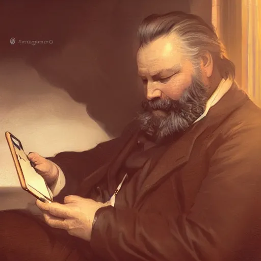 Image similar to victor hugo playing on his phone, digital art, trending on art station, high quality, uhd 8 k, beautiful, golden hour, intricate detail, high gradient, raytracing, dynamic lighting, sharp focus