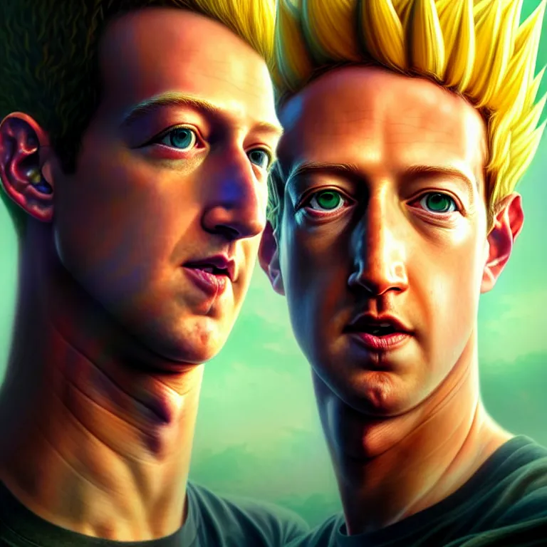 Prompt: portrait of mark zuckerberg super saiyan, green eyes, elegant, real life skin, intricate artwork, high detailed, artstation, concept art, smooth, sharp focus, art by artgerm and greg rutkowski @ ruprechy