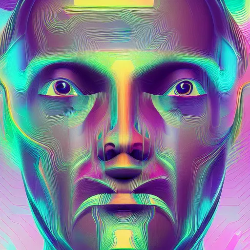 Image similar to portrait of abstract visual artificial intelligence face chromatic suit by Petros Afshar and Beeple, highly detailed