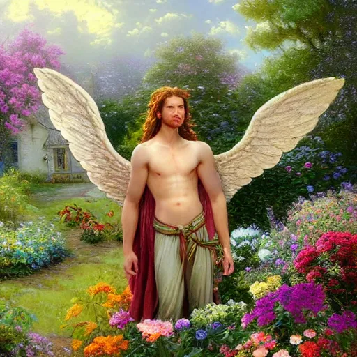 Prompt: a majestic male garden angel with large wings covered in plants and flowers standing in front of a beautiful cottage, an oil painting by ross tran and thomas kincade