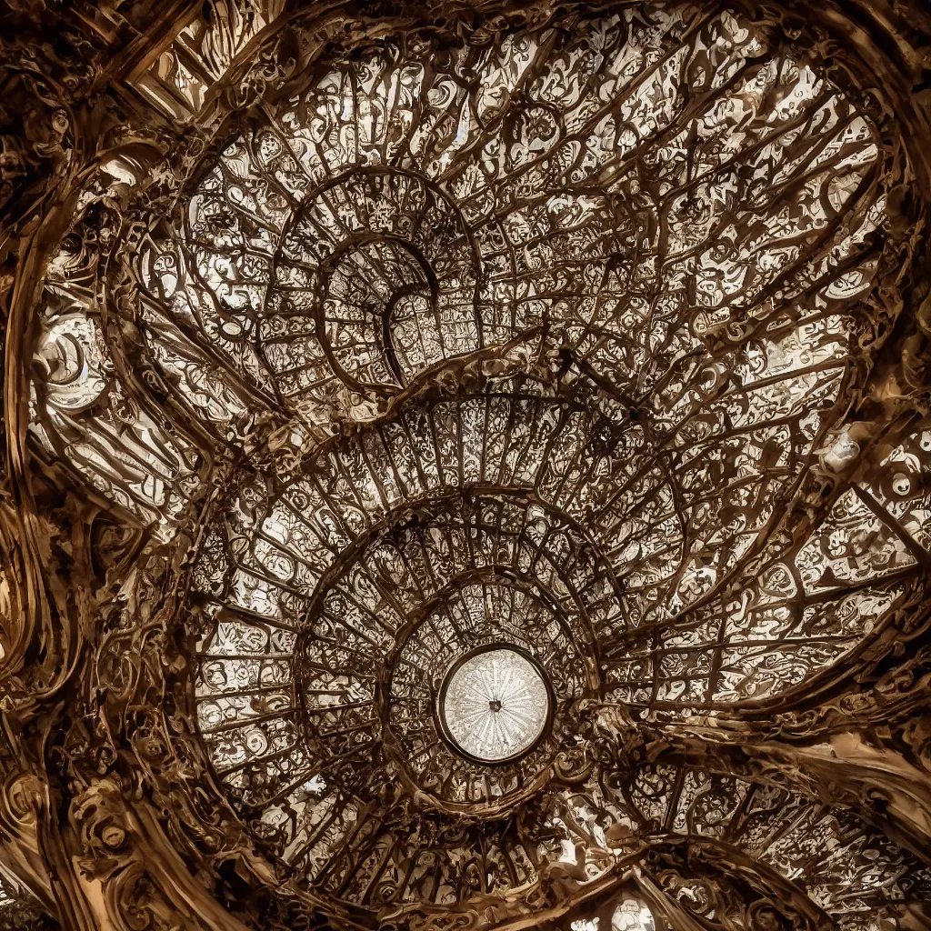 Image similar to , pareidolia. grand spiral stairs going down deep in the dark, with many doors ad ornamented widows, architecture by antoni gaudi, dramatic volumetric, cinematic light, cinematic photography, hyperrealist, high detailed