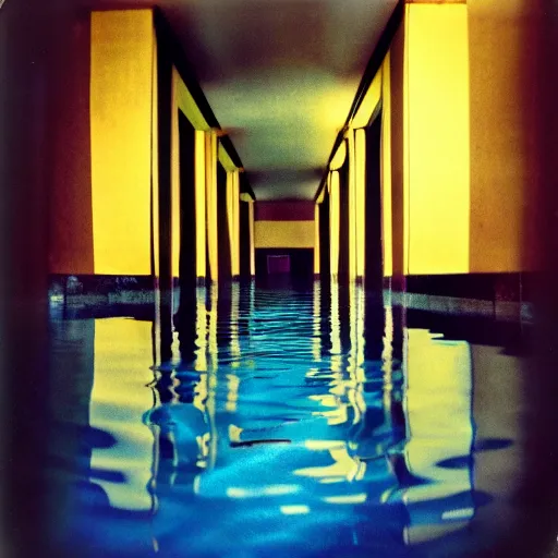 Image similar to a flooded hotel hallway leading to an indoor pool, polaroid, liminal space, surreal,