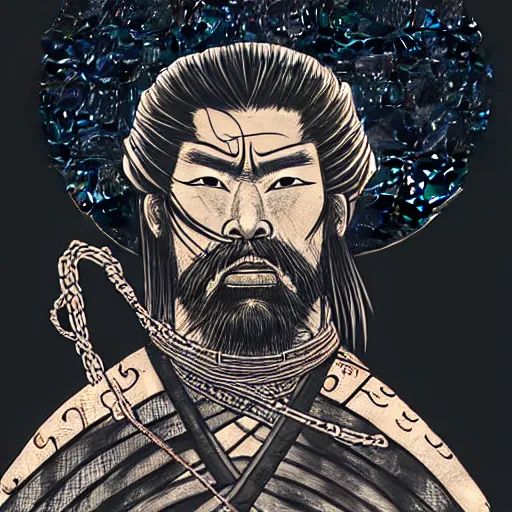 Image similar to a portrait from behind of a samurai man vagabond with a moon behind him, the samurai is wrapped in chains, detailed, illustration, concept art, ink style, sketch