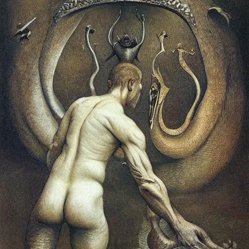 Image similar to the beast and dragon adored, ,colorful, by Odd Nerdrum, by M.C. Escher, beautiful, eerie, surreal