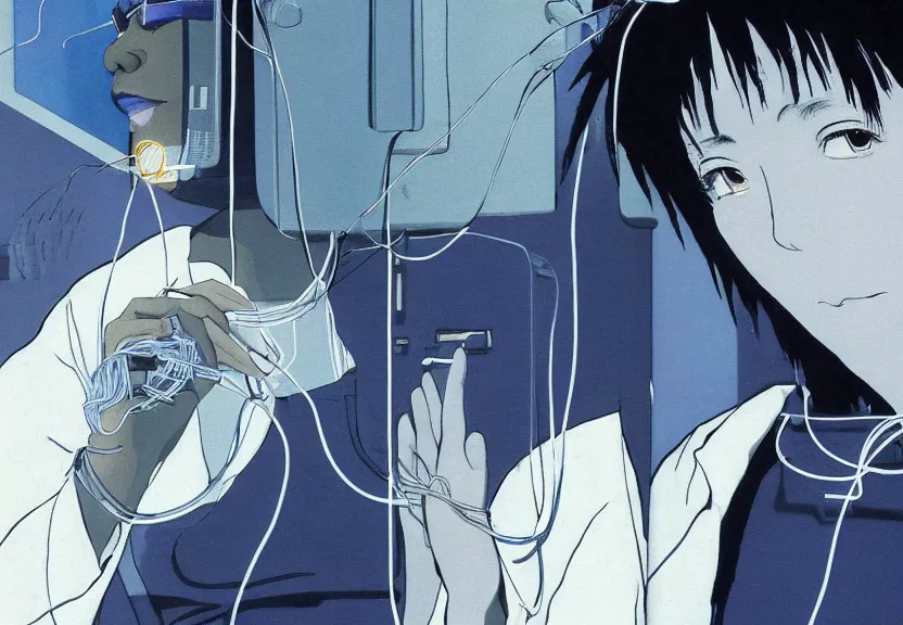 Image similar to dark skin woman wearing a white lab coat with a blue wolf haircut, body connected to wires and connected to 1 9 8 0 s computers, painted by yoshitoshi abe and makoto shinkai, in the style of serial experiments lain, dynamic lighting, dark ambience, 3 5 mm, cell - shaded, detailed face, retro