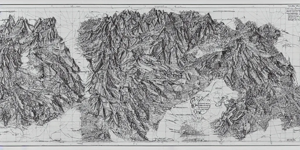 Image similar to technical drawing of dolomites and tyrolean folklore masks, multiple layers, detailed map, notes, roadmap, stylized, blueprint, black and white, old, erosion