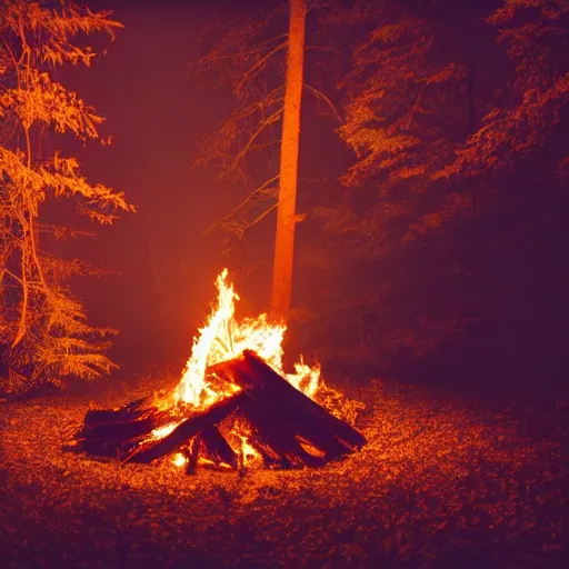 Prompt: A bonfire burning in a forest a night. Dark.