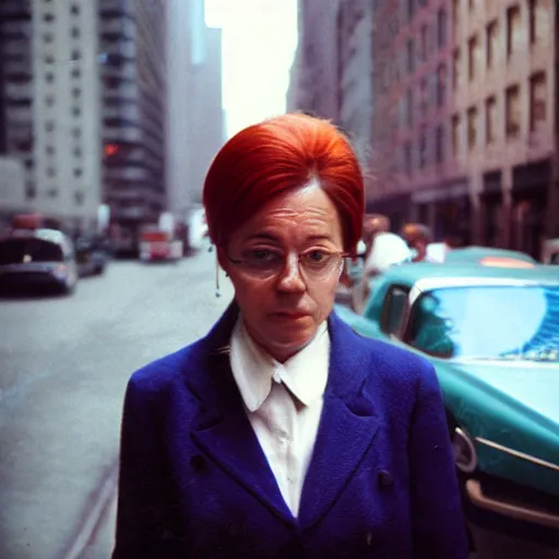 Image similar to portrait of a woman in a suit in the streets of new york, 1 9 6 0 s, colour film street photography, photo taken with ektachrome, featured on flickr, photographed on damaged film