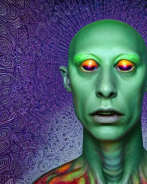 Prompt: portrait ultra dimensional kermit entity, accidentally tripping on dmt and acid, psychedelic experience, overwhelming psychosis of self realization and burning awakening, ultra high definition, unreal engine 5, hyperrealism, masterpiece composition, by casey weldon, barclay shaw 8 k photorealistic