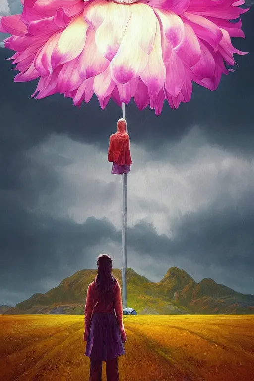 Image similar to perspective giant dahlia flower as head, girl standing on mountain, surreal photography, blue storm clouds, dramatic light, impressionist painting, digital painting, artstation, simon stalenhag