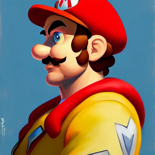 Image similar to Greg Manchess portrait painting of Super Mario as Overwatch character, medium shot, asymmetrical, profile picture, Organic Painting, sunny day, Matte Painting, bold shapes, hard edges, street art, trending on artstation, by Huang Guangjian and Gil Elvgren and Sachin Teng