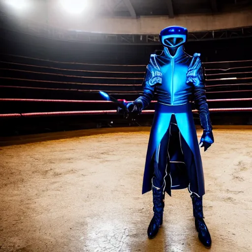 Image similar to low angle shot of austin Butler dressed in dark-blue-futuristic-baroque duelist-garb and carbon-armor, standing in an arena, XF IQ4, f/1.4, ISO 200, 1/160s, 8K, RAW, unedited, symmetrical balance, face in-frame