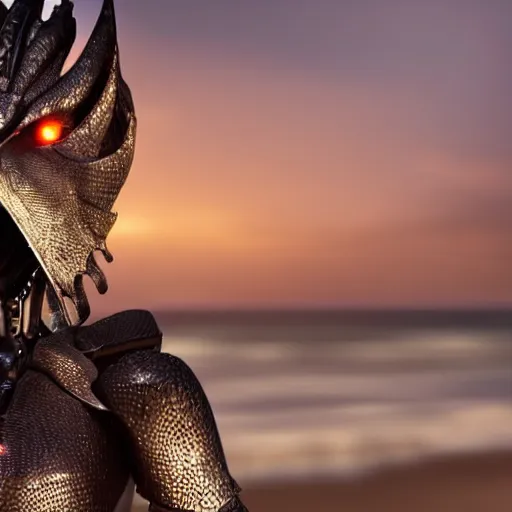 Prompt: epic close up bust shot, realistic detailed stunning beautiful anthropomorphic robot female dragon, doing an elegant pose with hand on hip, looking to the side, sleek streamlined armor and design, sharp claws, sleek well designed head with LED eyes, standing on two legs, wearing a hooded cloak that blows in the wind from behind her, on the beach during sunset, high quality, cinematic art, sunset lighting, artstation, deviantart, furaffinity