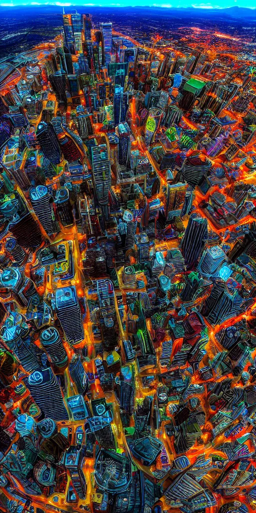 Image similar to hyper realistic photo of calgary downtown city view, 1 6 k, hyper realistic, fractal art, art station, coherent design, symmetrical, vivid colour, complementary colour, golden ratio, detailed, sharp lines, intricate, rainbow shift, in unreal 3 d engine, ray tracing, octane render