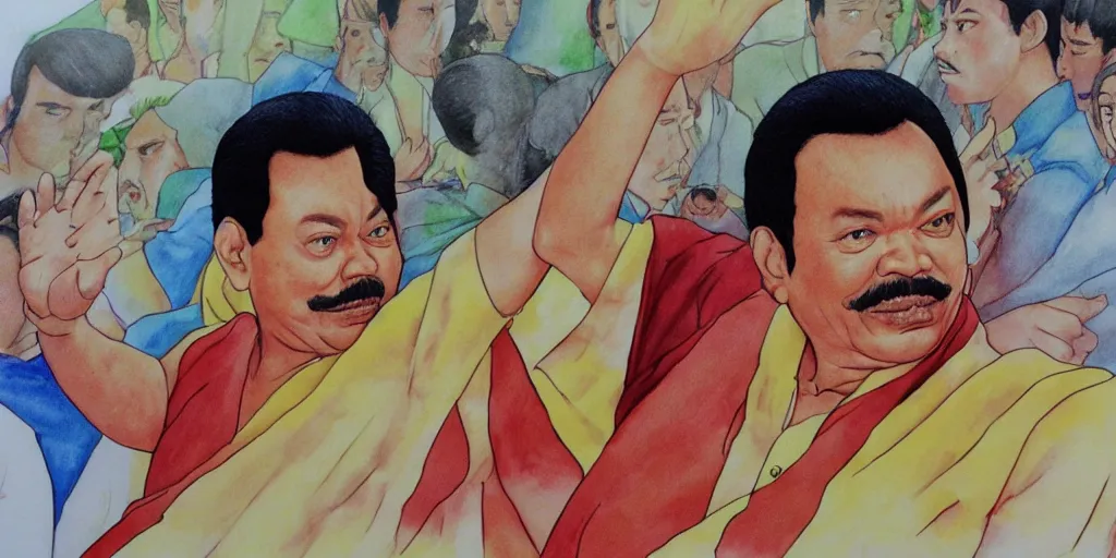 Image similar to mahinda rajapaksa, drawn by hayao miyazaki, rule of thirds composition