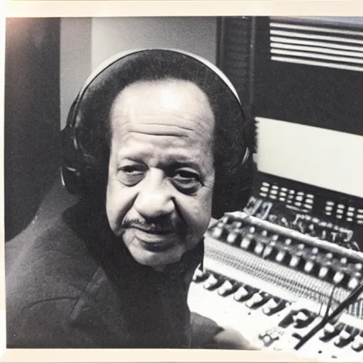 Image similar to sherman hemsley sitting at a recording console in a recording studio, faded photograph from 1 9 8 2