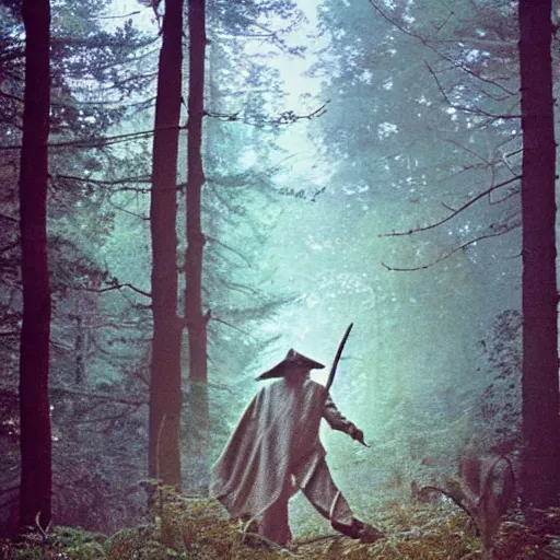 Image similar to magical wizard in forest, dusty colorized photo from the 70s
