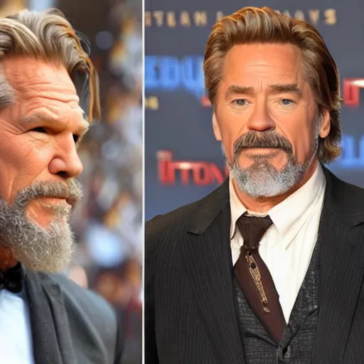 Image similar to jeff bridges as stane from iron man trying to insult robert downey jr.