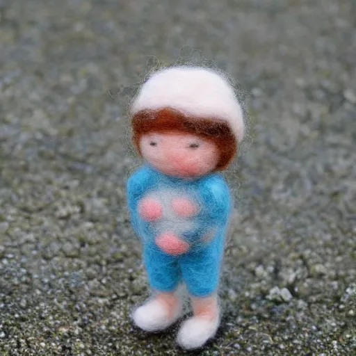 Prompt: needle felted person arriving at airport, highly detailed, tilt shift, cute, hyperrealism, highly textured, god rays