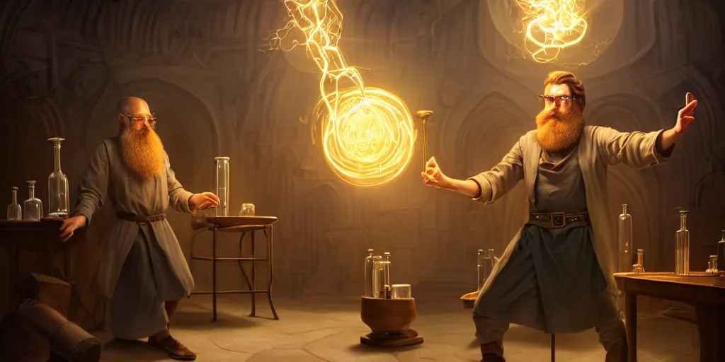 Image similar to a handsome bearded caucasian male sorcerer with brown hair, he is in a alchemist lab filled with beakers and equipment, he is casting a spell from a open book with magic filling the room, neutral pose, epic composition, 4 k, light rays, super coherent, by dave melvin, dan luvisi and greg rutkowski