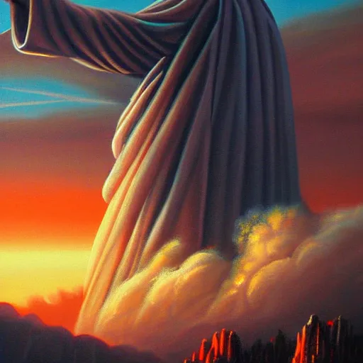 Prompt: detailed painting of christ the redeemer statue as a cyborg, in front of a nuclear explosion, cyberpunk, retro-futurist, dark