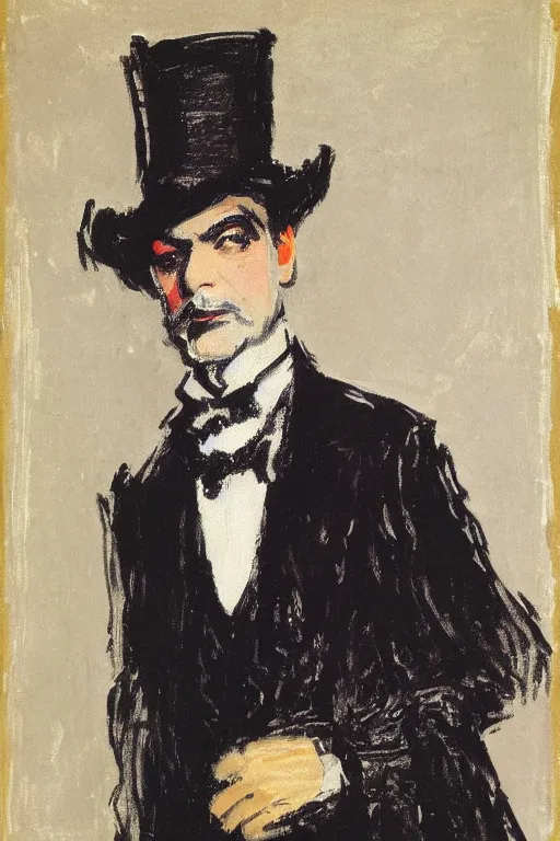 Prompt: psychedlelic portrait of george clooney as a gentleman wearing an edwardian suit and top hat by walter sickert, john singer sargent, and william open