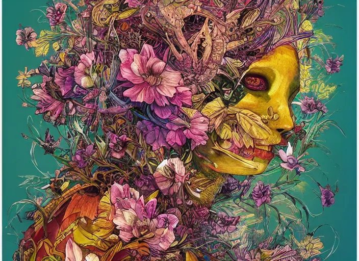 Prompt: a painting of a beautiful alien creature with a lot of flowers and plants on its head, poster art by android jones, behance contest winner, generative line art, made of flowers, grotesque, concert poster