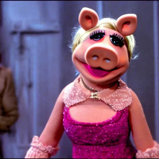 Image similar to movie still of miss piggy starring as trinity in the matrix movie