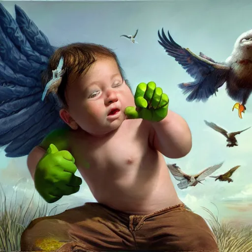 Image similar to a baby hulk with wings flying with birds, oil on canvas, portrait, intricate, 8k highly professionally detailed, HDR, CGsociety